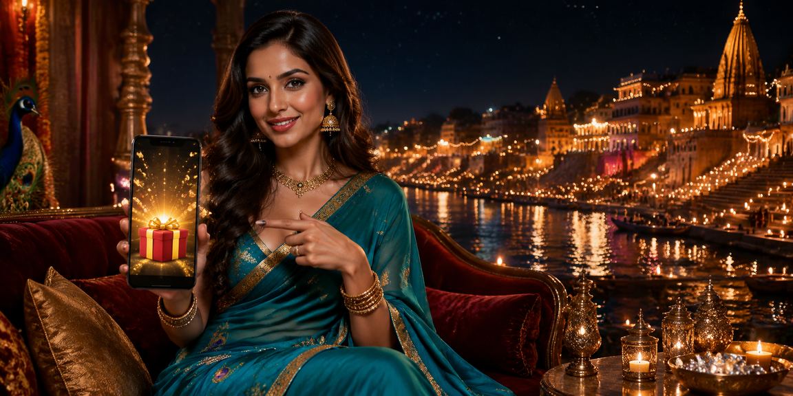 Young woman playing slots on mobile device in traditional saree at Varanasi